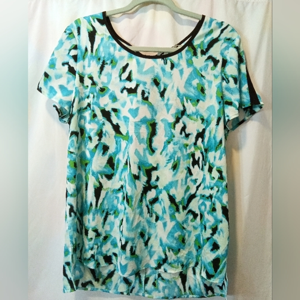 Calvin Klein Blouse Scoop Neck Short Sleeve Abstract Blouse Beachy Casual Lghtwt
